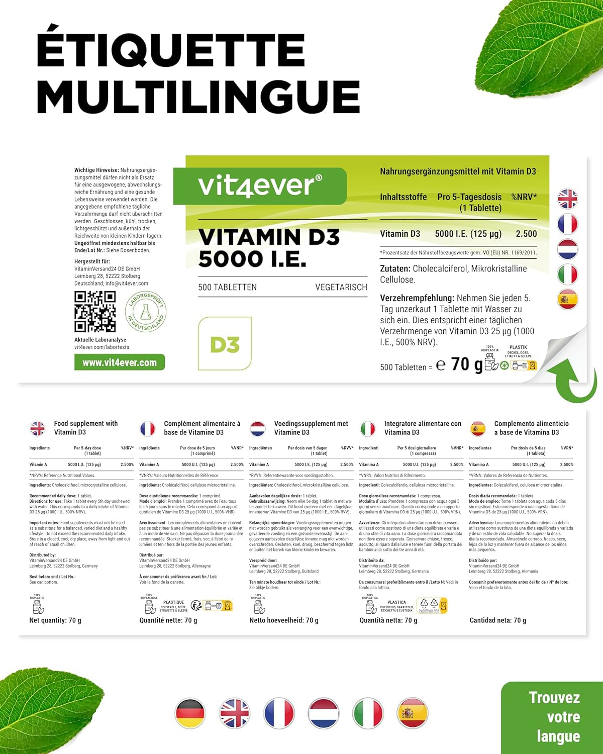 Vitamine D3 5000 I.E. Depot - 500 Comprimés - Haute Dose - Végétarien - Haute Pureté - 5 Doses Quotidiennes 1000 I.E. Par Jour
