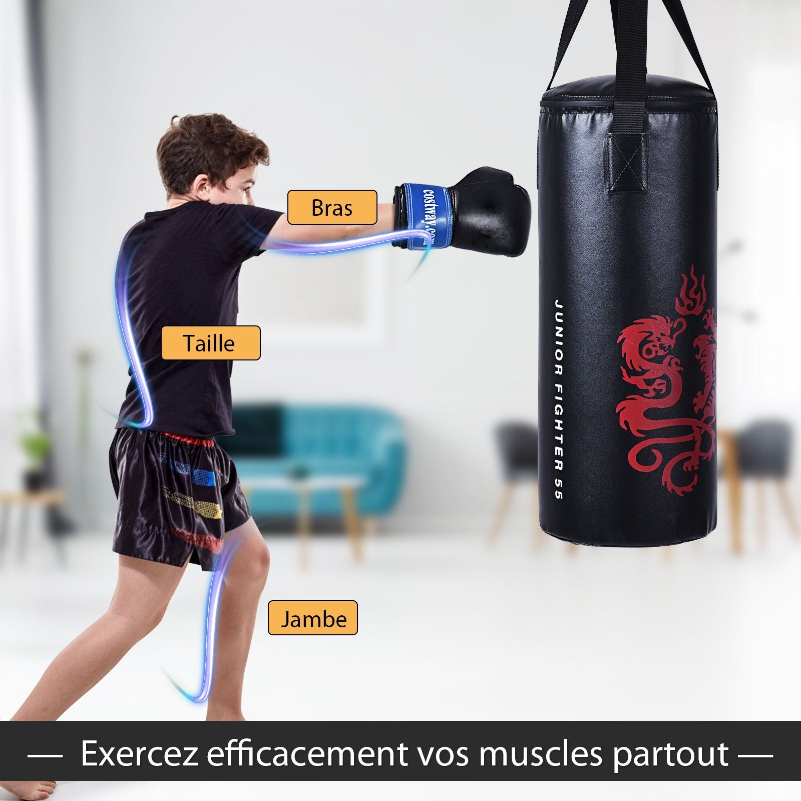Sac De Boxe Sac De Frappe Kickboxing Pour Enfant Avec 2 Gants Corde À Sauter Chaîne Suspension