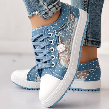 Floral Embroidered Polka Dot Print Sneakers