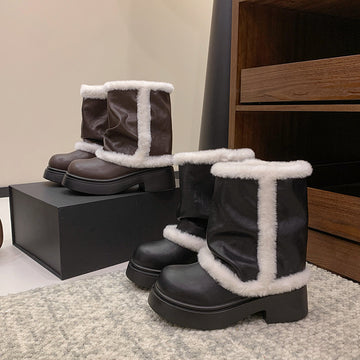 Women's Winter Faux Fur Lined Short Boots, Fashion Thick Bottom Ankle Booties With Warm Plush Trim For Casual Daily Wear