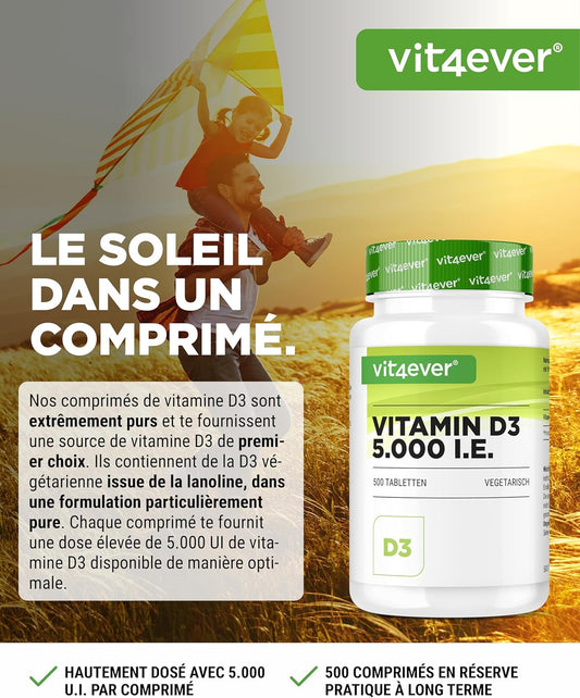 Vitamine D3 5000 I.E. Depot - 500 Comprimés - Haute Dose - Végétarien - Haute Pureté - 5 Doses Quotidiennes 1000 I.E. Par Jour