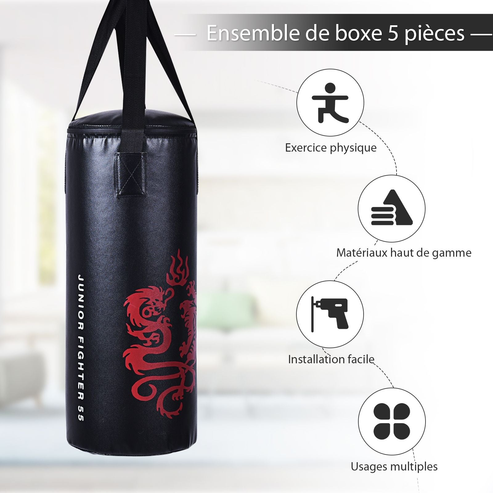 Sac De Boxe Sac De Frappe Kickboxing Pour Enfant Avec 2 Gants Corde À Sauter Chaîne Suspension