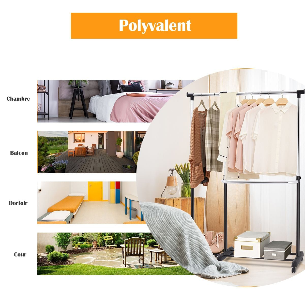 Portant À Vêtement Mobile Et Télescopique Hauteur Largeur Réglables Capacité 20Kg 91-160X43X93-168Cm Noir Et Argent