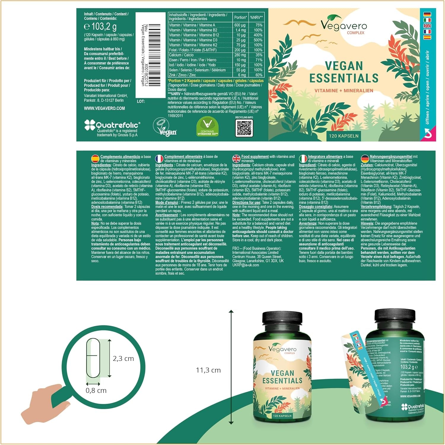 Multivitamines Pour VEGAN | Pour Soutenir Un Régime Végétalien | Vitamines Et Minéraux Essentiels | Haute Biodisponibilité | Vitamine B12, D3, K2, Fer Et Calcium | 120 Gélules | ®