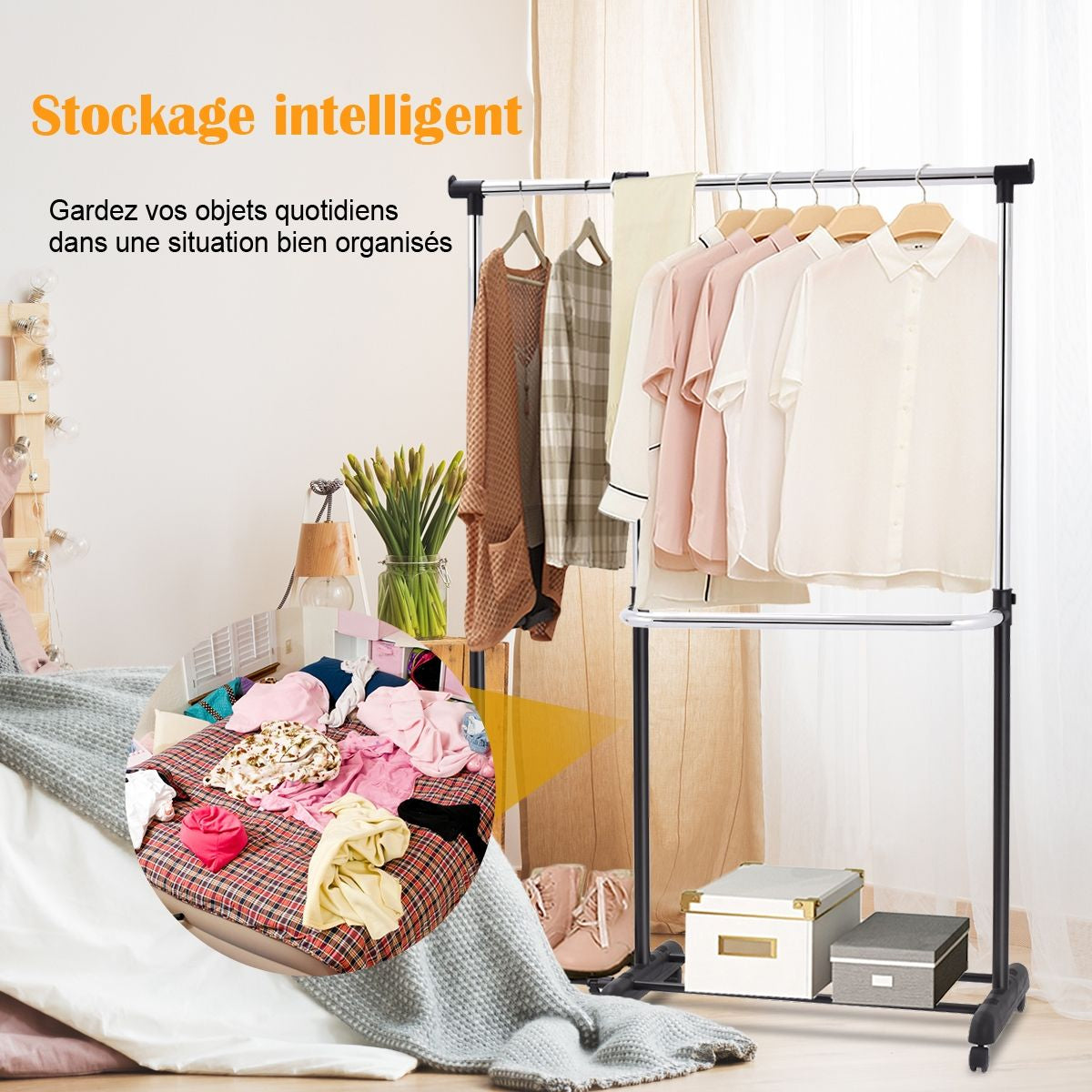 Portant À Vêtement Mobile Et Télescopique Hauteur Largeur Réglables Capacité 20Kg 91-160X43X93-168Cm Noir Et Argent