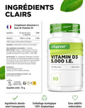 Vitamine D3 5000 I.E. Depot - 500 Comprimés - Haute Dose - Végétarien - Haute Pureté - 5 Doses Quotidiennes 1000 I.E. Par Jour