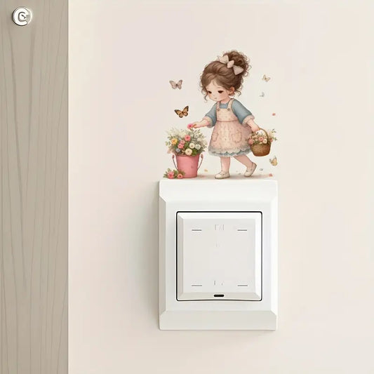1Pc Sticker Interrupteur Petite Fille Cueillant des Fleurs.