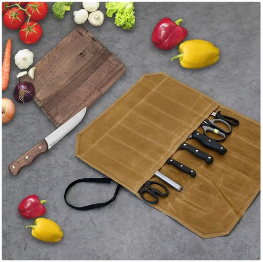 Waxed Canvas Knife Storage Roll - Organize Your Kitchen Knives in Style