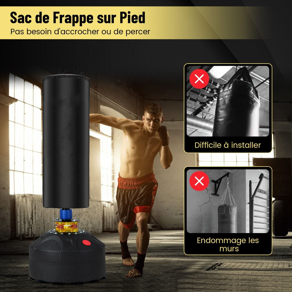 Sac De Frappe Autoportant 173 Cm De 5 Couches Sac De Boxe Lourd Avec Support Et Base À Ventouse Système Antichoc Pour Adultes Jeunes