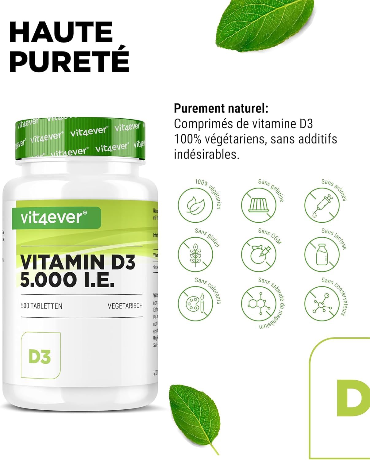 Vitamine D3 5000 I.E. Depot - 500 Comprimés - Haute Dose - Végétarien - Haute Pureté - 5 Doses Quotidiennes 1000 I.E. Par Jour