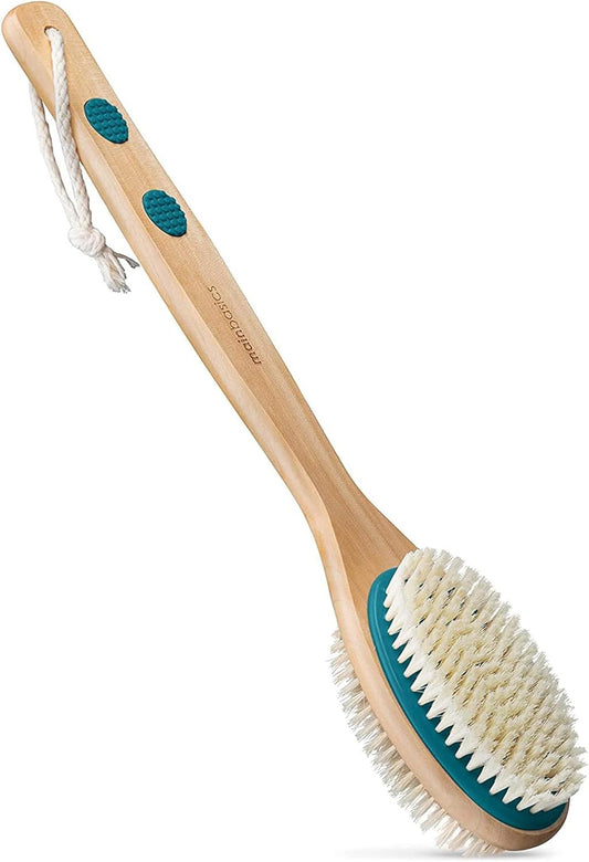 Mainbasics Brosse À Récurer Pour Le Dos Pour La Douche – Brosse Double Face À Long Manche Pour Gel Douche Et Gommage Avec Poils Exfoliants Et Doux (Bleu Sarcelle, Bois)