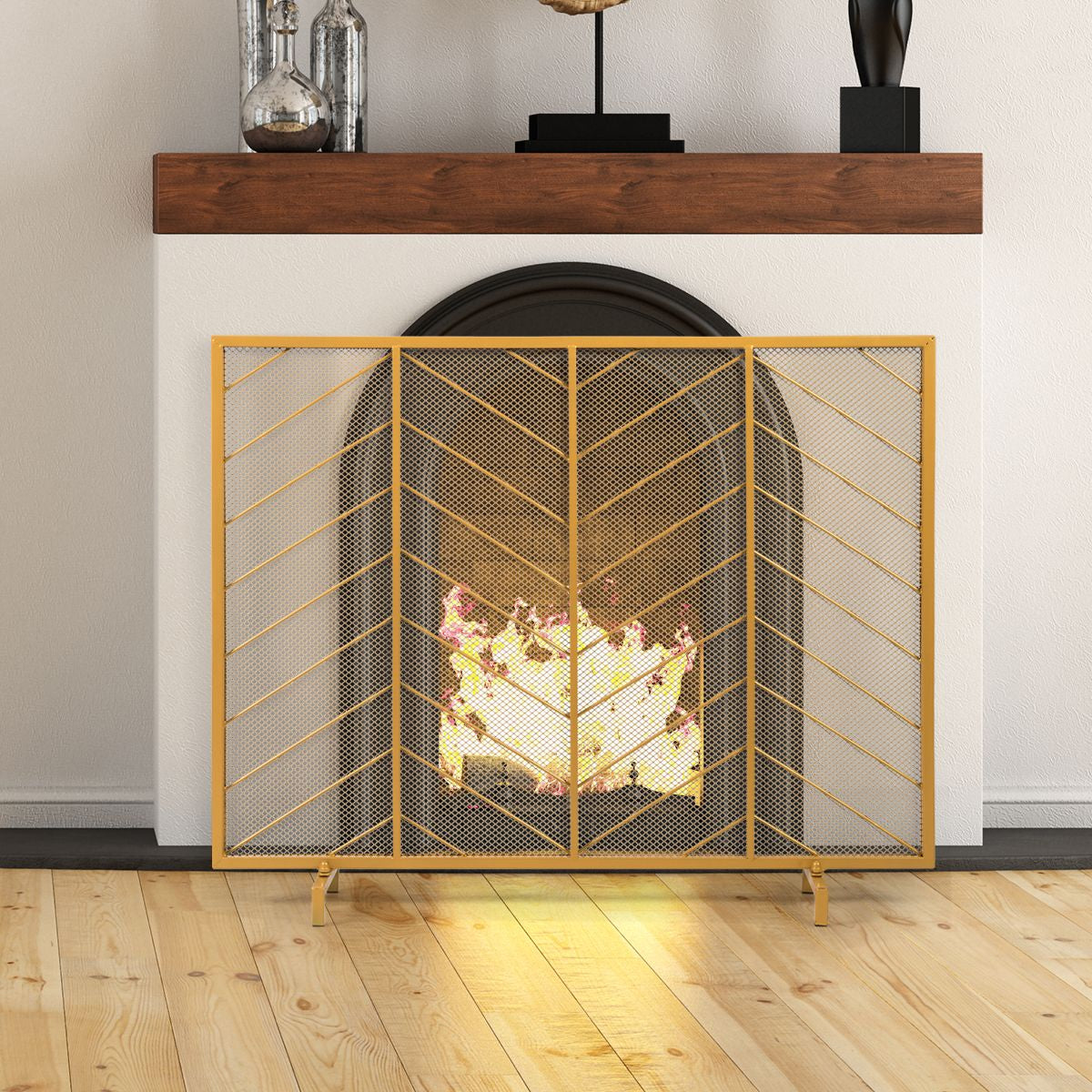 Pare-Feu Pour Cheminée Poêle 1 Grand Volets Long 98 Cm Haut 80 Cm En Métal D'Or