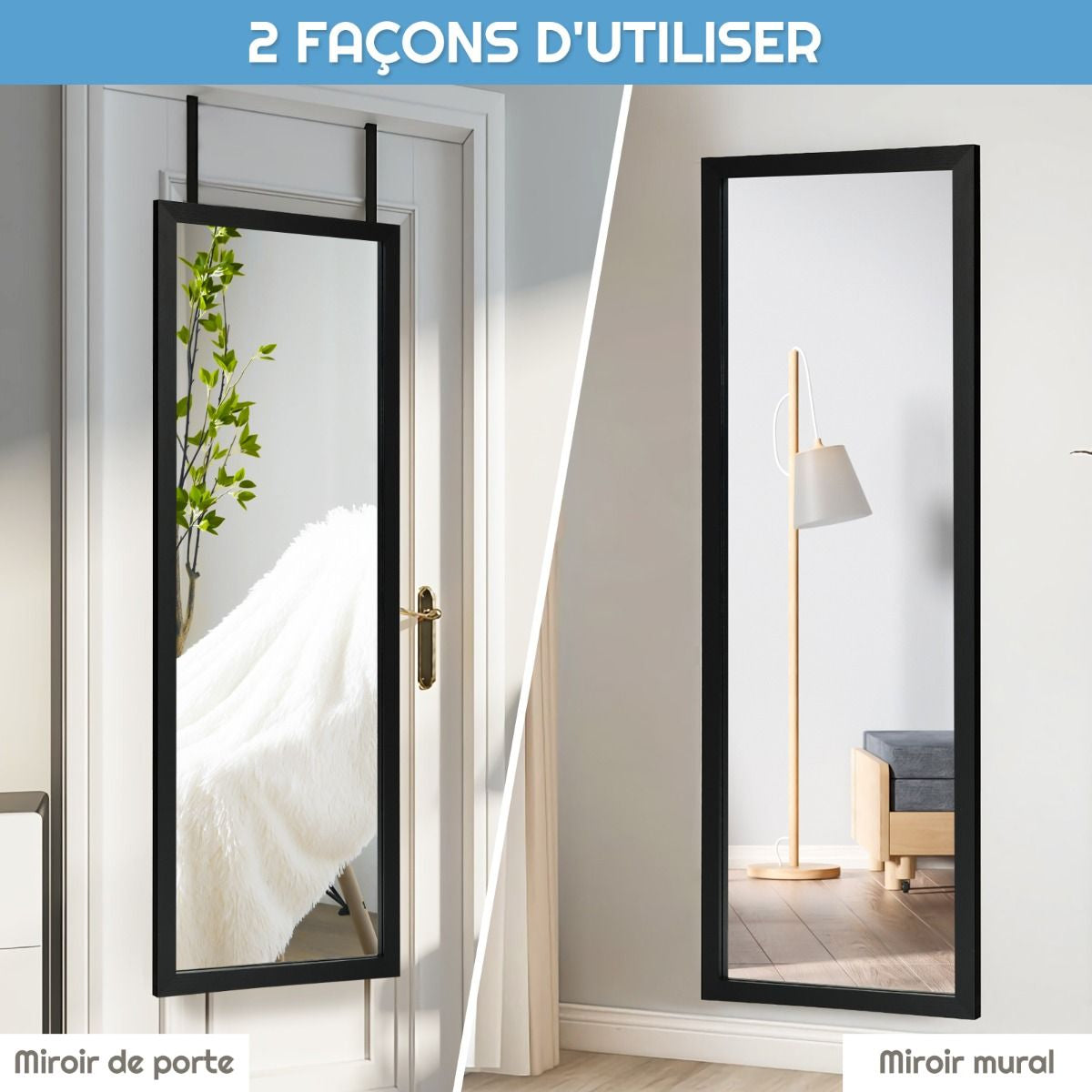 Miroir Mural Suspendu Miroir De Porte 120 X 37 CM Avec Crochets De Suspension Pour Chambre Salon Vestiaire Noir/Blanc/Or