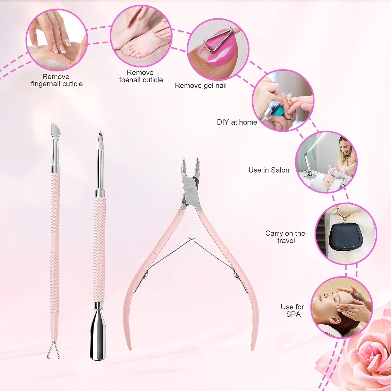 Coupe Cuticule Ongle Avec Poussoir, 3 Pinces Roses Pour Cuticules À Ongles, Pédicure, Pince À Cuticules En Acier Inoxydable, Poussoir À Cuticules À Double Extrémité, Grattoir À Ongles
