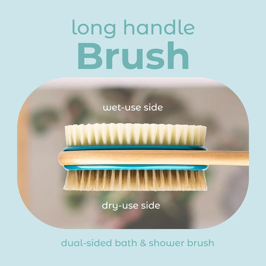 Mainbasics Brosse À Récurer Pour Le Dos Pour La Douche – Brosse Double Face À Long Manche Pour Gel Douche Et Gommage Avec Poils Exfoliants Et Doux (Bleu Sarcelle, Bois)
