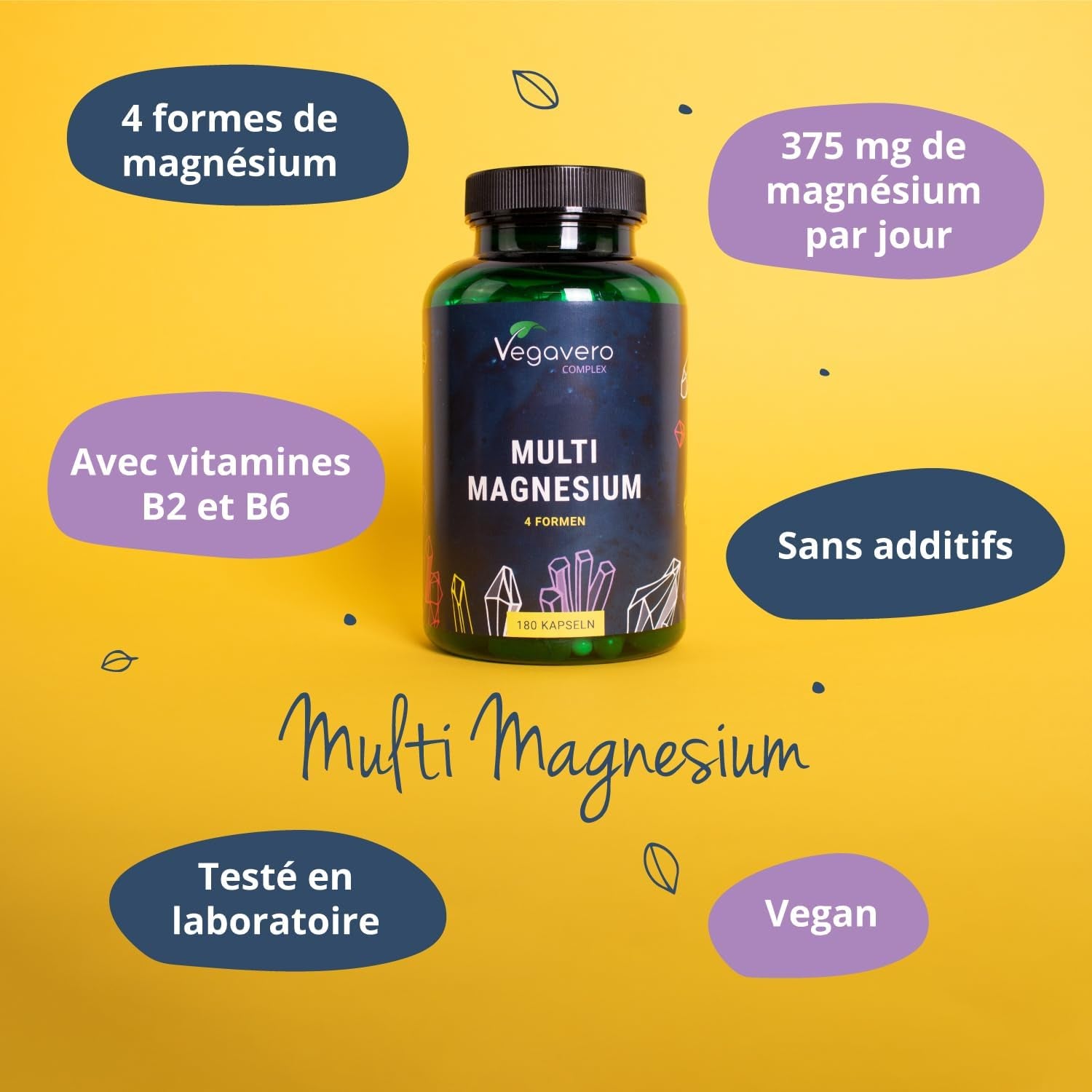 Complexe De Magnesium 375 Mg | 180 Gélules | 4 FORMES - Bisglycinate, Malate, Citrate Et Taurate | Avec Vitamine B2 & B6 | Absorption Supérieure | Sans Additifs & Vegan | ®
