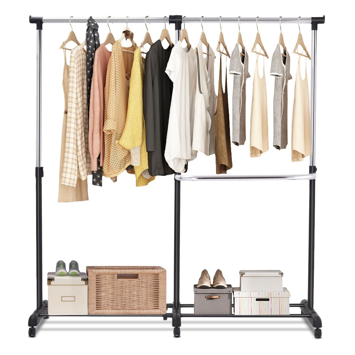 Portant À Vêtement Mobile Et Télescopique Hauteur Largeur Réglables Capacité 20Kg 91-160X43X93-168Cm Noir Et Argent