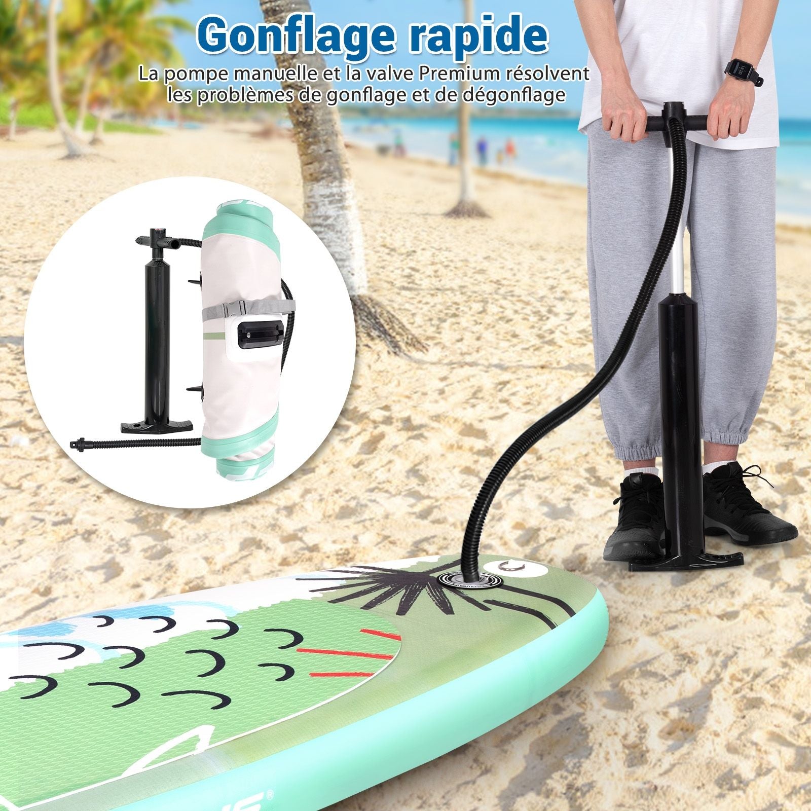 Paddle Gonflable 320X76X15Cm/335X76X15Cm En PVC Avec Pagaie Alliage Aluminium Réglable Aileron Amovible Pompe Manuel 130KG MAX Vert
