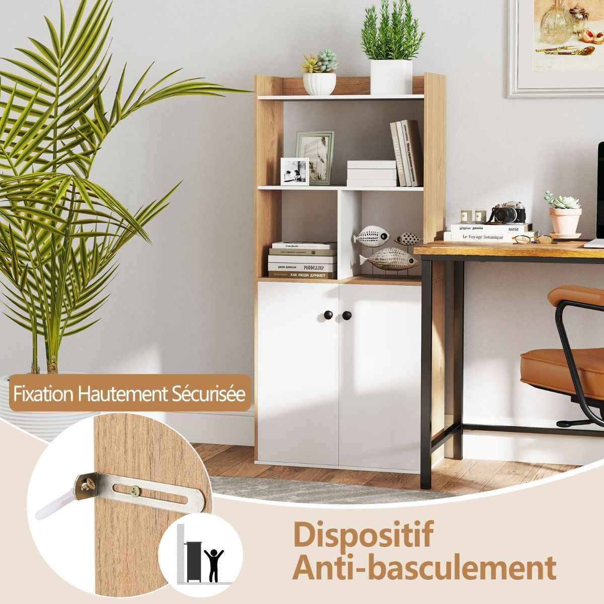 Bibliothèque Avec Armoire À Double Porte Etagère Haute À 3 Niveaux Cubes Ouverts Vitrine Moderne Organisateur De Rangement 60X30X140Cm