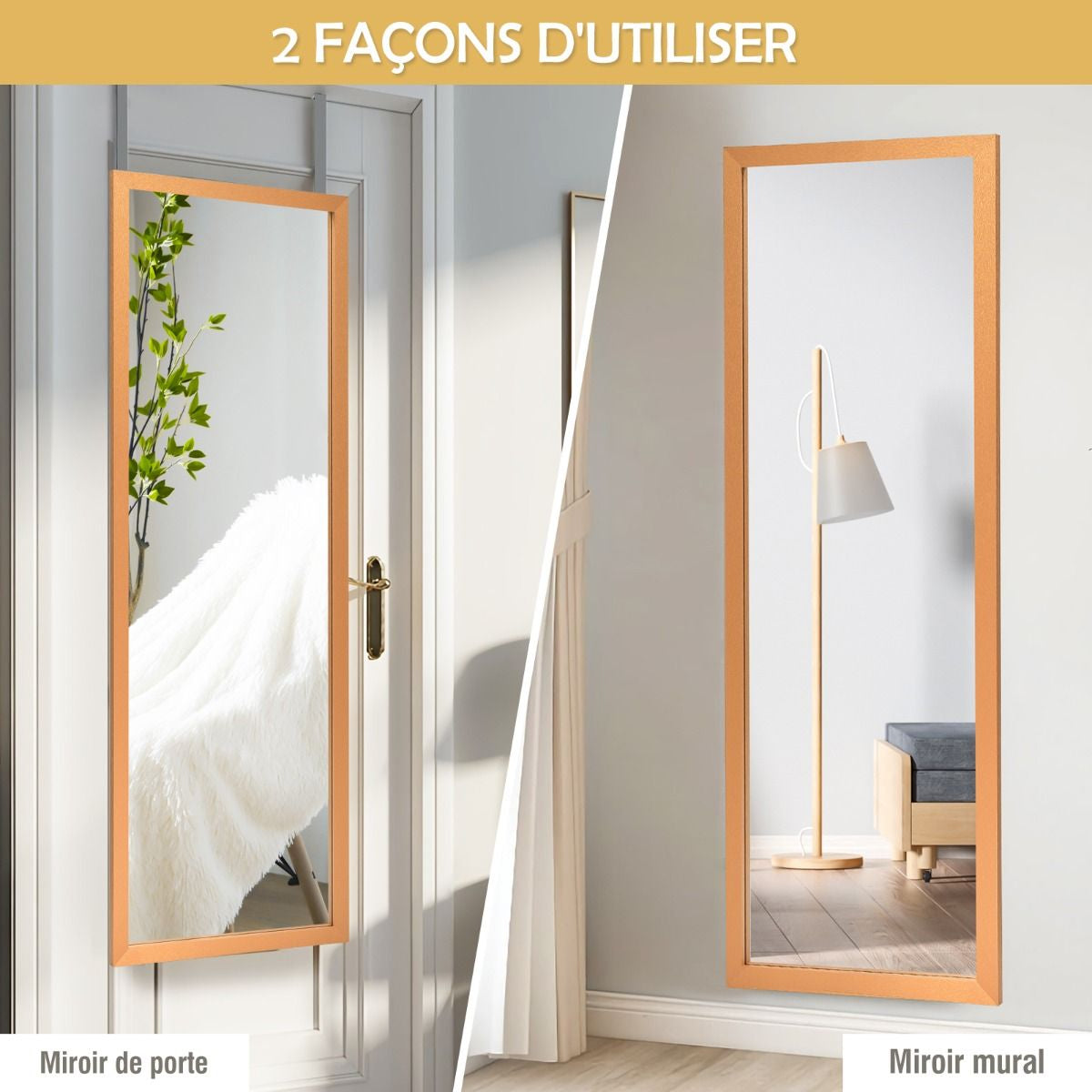 Miroir Mural Suspendu Miroir De Porte 120 X 37 CM Avec Crochets De Suspension Pour Chambre Salon Vestiaire Noir/Blanc/Or