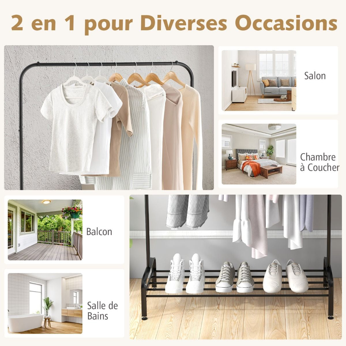 Portant À Vêtement Avec Étagère De Chaussures Penderie Vêtement Hauteur 145CM Tube En Fer 4 Pieds Réglables Noir