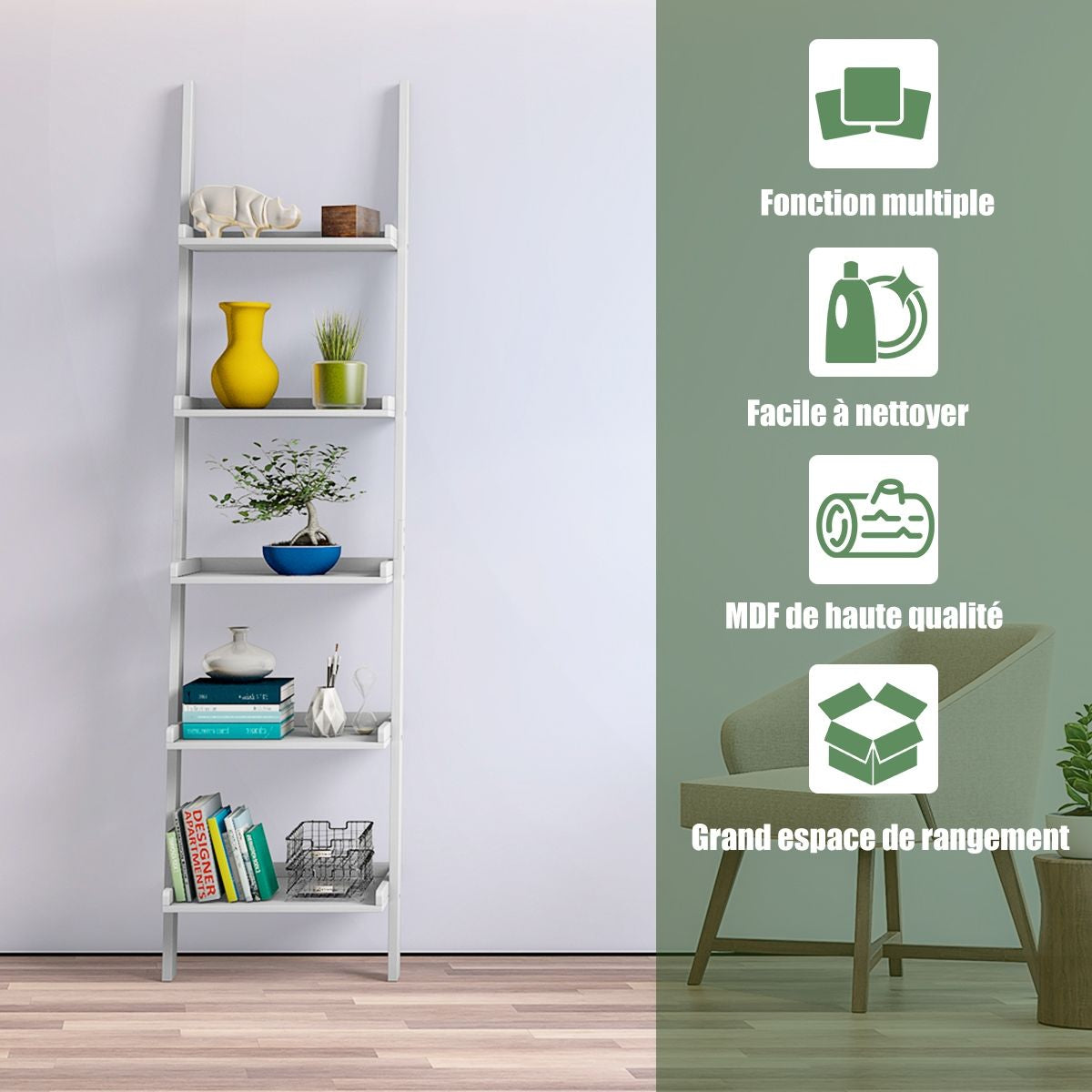 Étagère Échelle Étagère Murale Avec 5 Étages De Rangement Pour Salle De Bain,Salon, Etc.