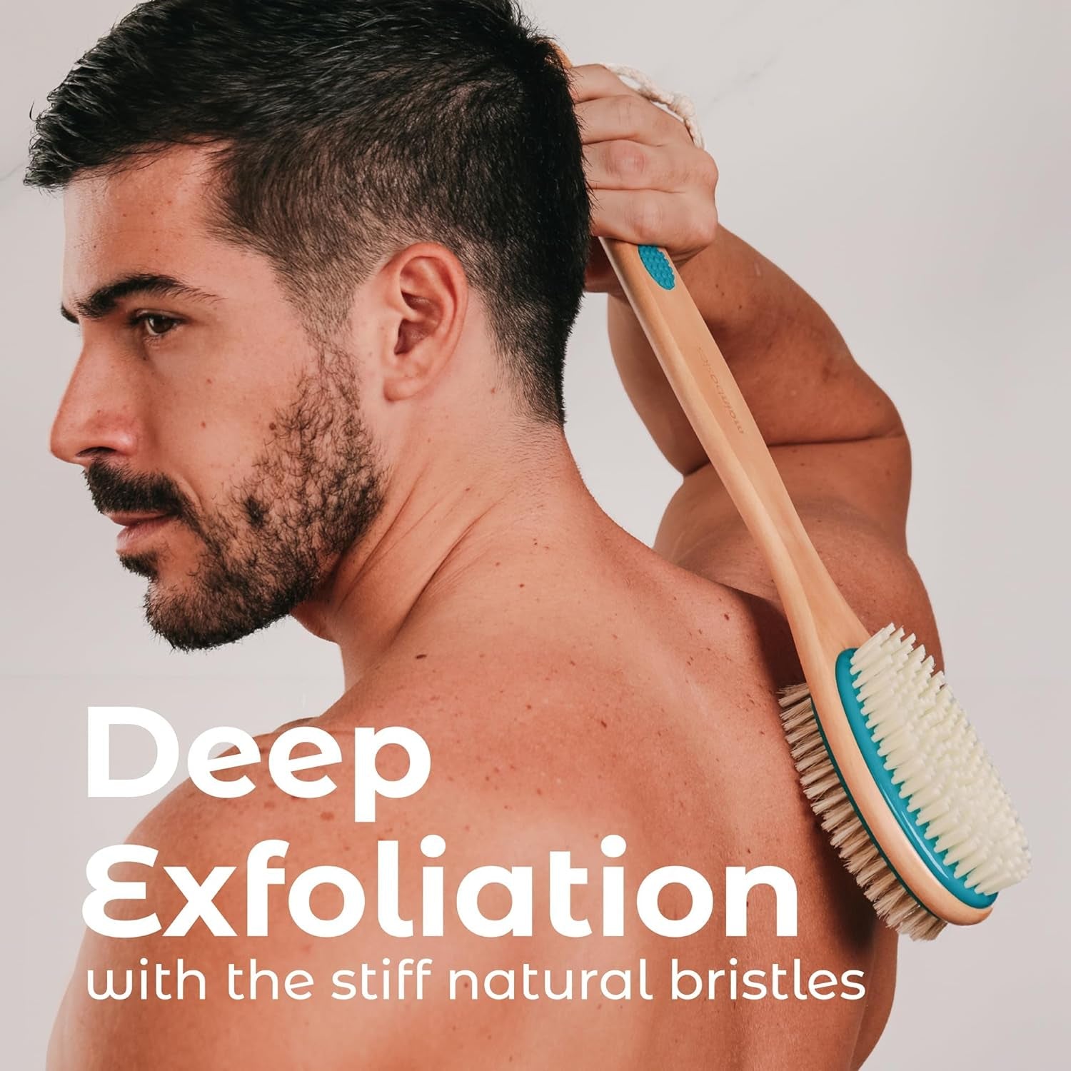 Mainbasics Brosse À Récurer Pour Le Dos Pour La Douche – Brosse Double Face À Long Manche Pour Gel Douche Et Gommage Avec Poils Exfoliants Et Doux (Bleu Sarcelle, Bois)