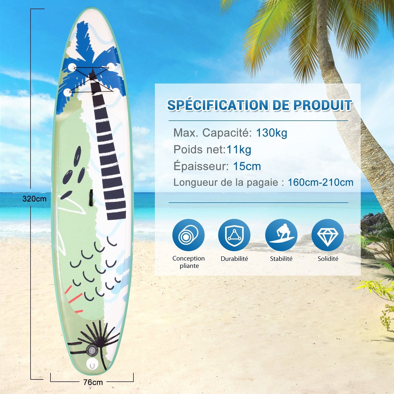 Paddle Gonflable 320X76X15Cm/335X76X15Cm En PVC Avec Pagaie Alliage Aluminium Réglable Aileron Amovible Pompe Manuel 130KG MAX Vert