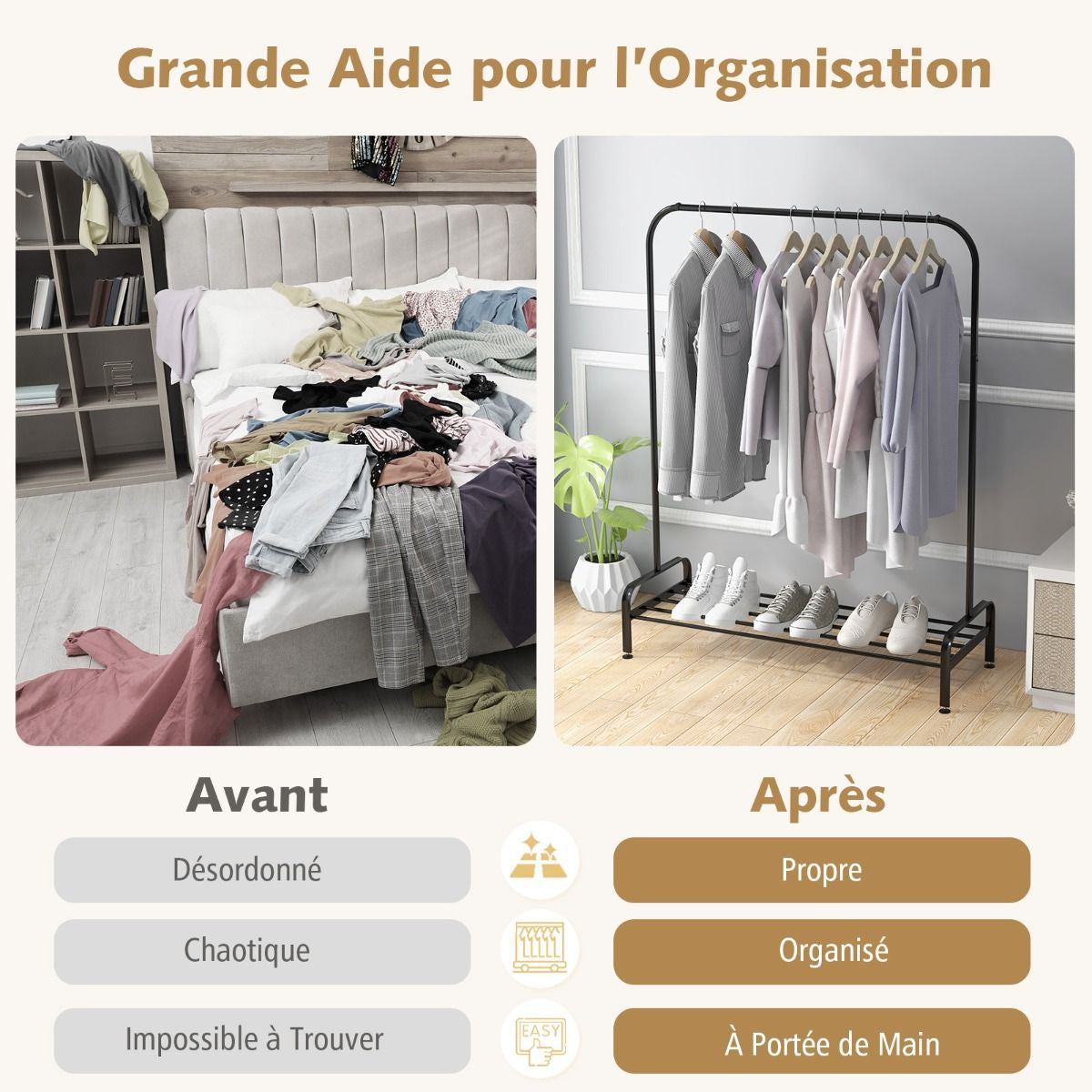 Portant À Vêtement Avec Étagère De Chaussures Penderie Vêtement Hauteur 145CM Tube En Fer 4 Pieds Réglables Noir