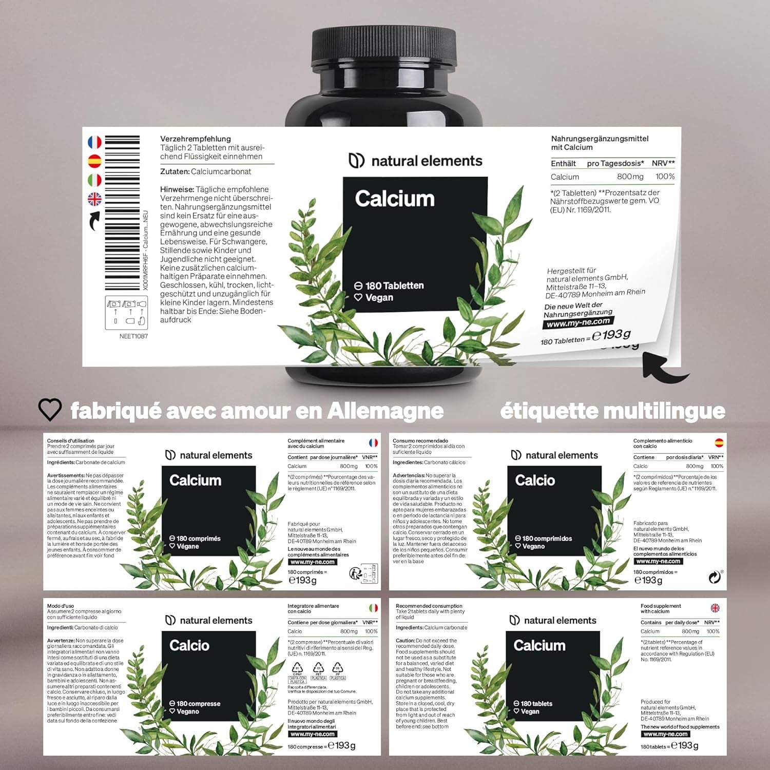 Calcium Comprimés Vegan Fortement Dosés – 180 Comprimés – 800Mg De Carbonate De Calcium Par Dose Quotidienne – Sans Additifs Indésirables – Produit En Allemagne & Testé En Laboratoire