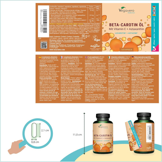 Complexe Bêta Carotène | Avec Vitamine E & Astaxanthine | 120 Gélules (4 Mois) | Qualité Supérieure : Lucarotin® B 30 SUN | Sans Additifs & Vegan | Protection Peau & Bronzage | ®
