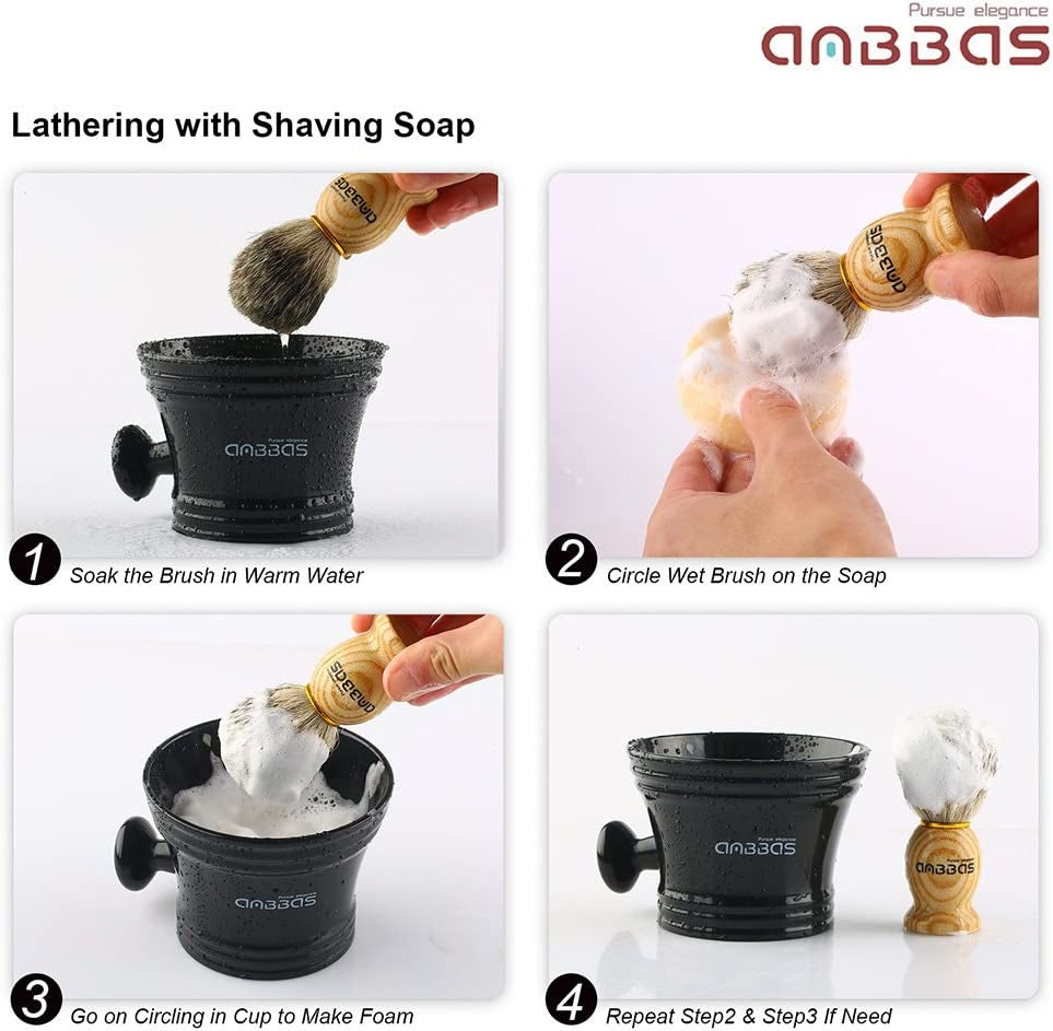 Anbbas 4 Kits Blaireaux Rasage Avec La Poignée En Bois De Fraxinus Mandschurica Et Bol De Rasage En Acier Inoxydable Et Support Rasoir+Savon Au Lait De Chèvre 100G Pour Homme Brosse