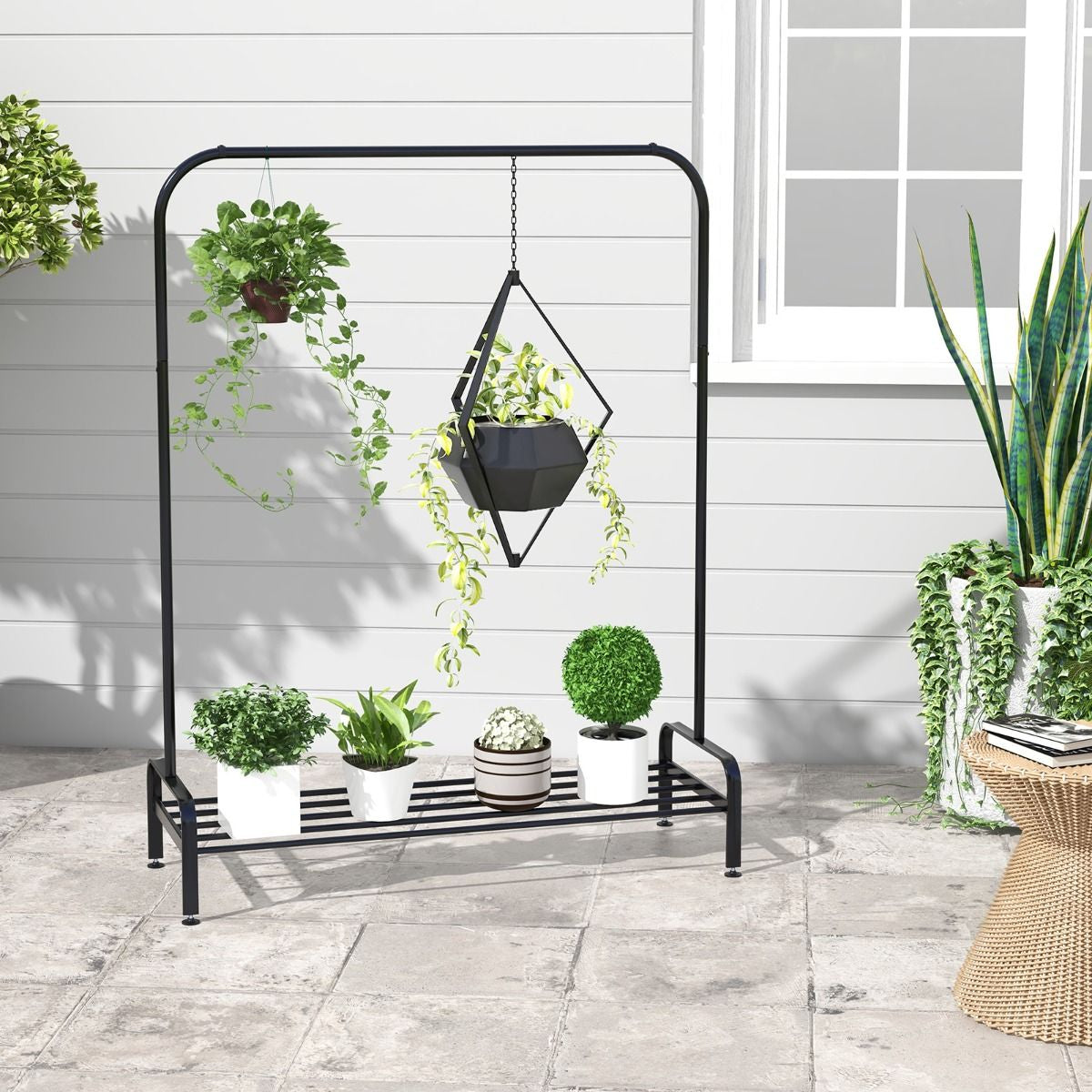 Portant À Vêtement Avec Étagère De Chaussures Penderie Vêtement Hauteur 145CM Tube En Fer 4 Pieds Réglables Noir