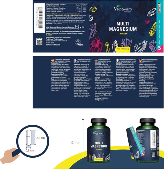 Complexe De Magnesium 375 Mg | 180 Gélules | 4 FORMES - Bisglycinate, Malate, Citrate Et Taurate | Avec Vitamine B2 & B6 | Absorption Supérieure | Sans Additifs & Vegan | ®