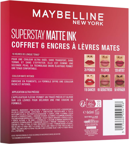 - Coffret Exclusif De 6 Rouges À Lèvres Liquides Longue Tenue - Superstay Matte Ink - Teintes: Lover (15)/Seductress (65)/Artist (120)/Dancer (118)/Pioneer (20)/Voyager (50)