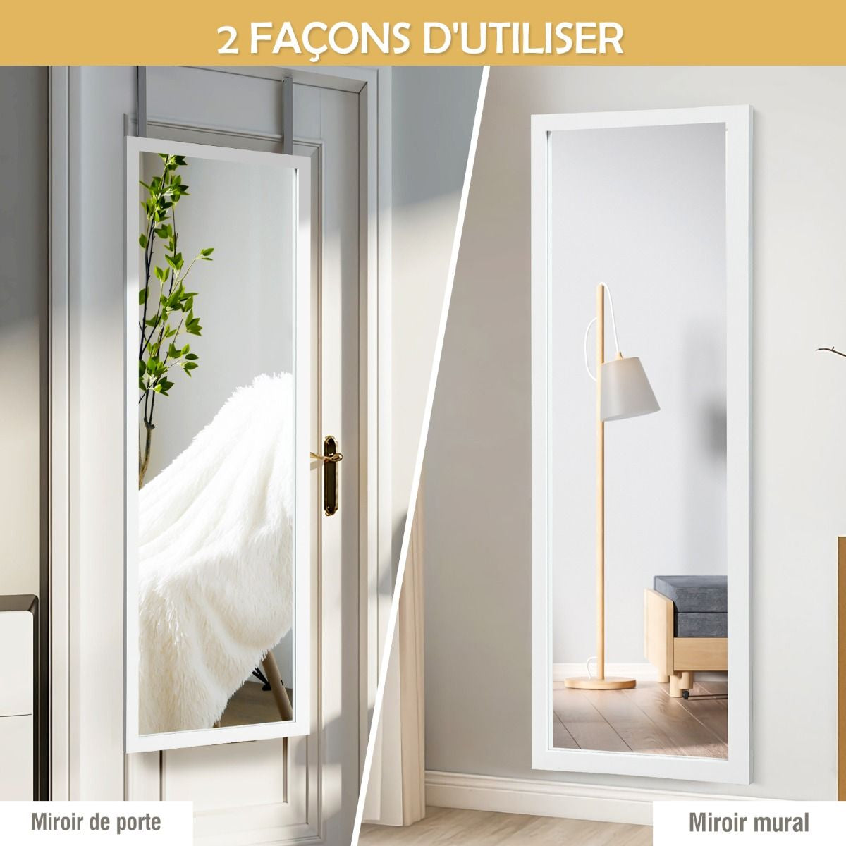 Miroir Mural Suspendu Miroir De Porte 120 X 37 CM Avec Crochets De Suspension Pour Chambre Salon Vestiaire Noir/Blanc/Or