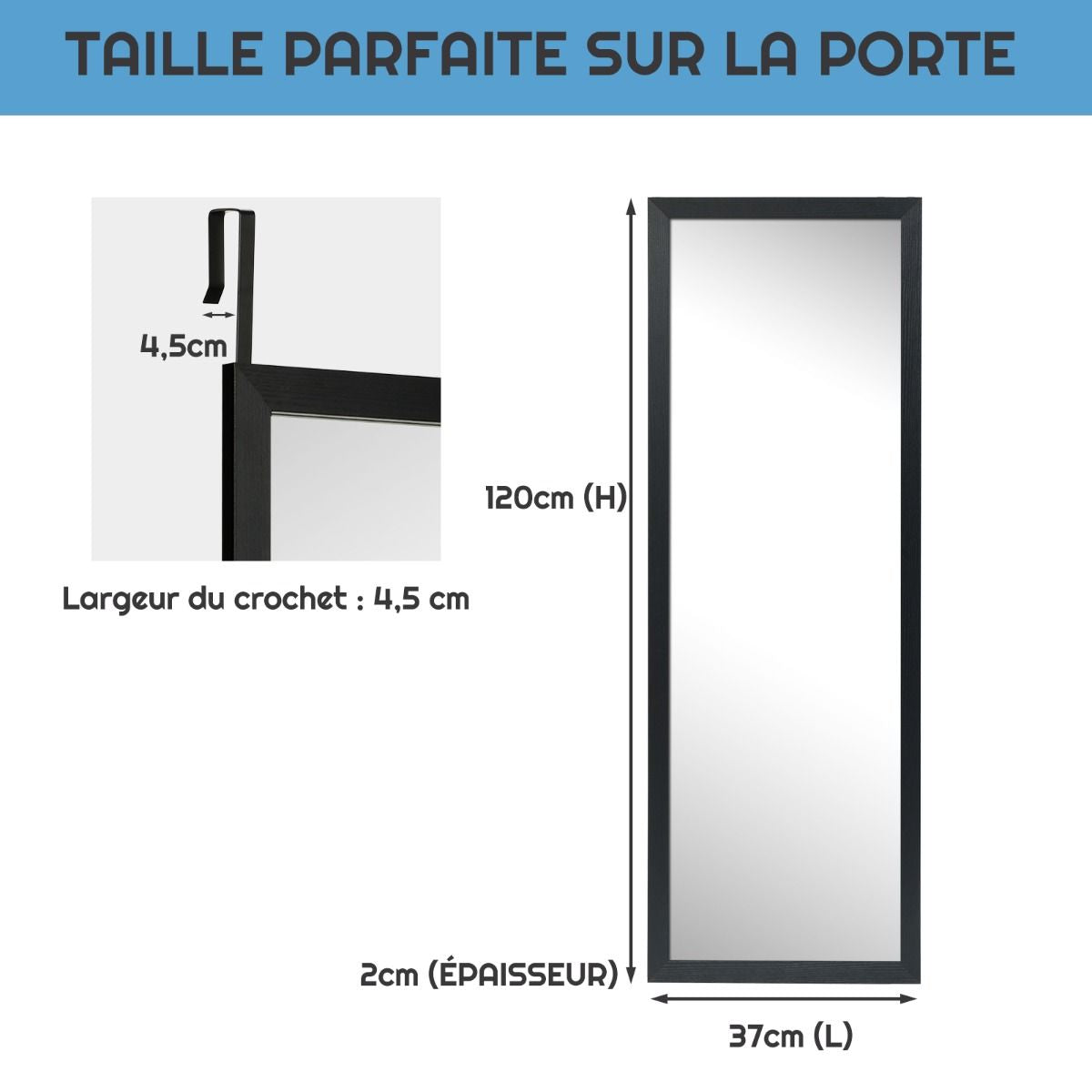 Miroir Mural Suspendu Miroir De Porte 120 X 37 CM Avec Crochets De Suspension Pour Chambre Salon Vestiaire Noir/Blanc/Or