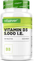 Vitamine D3 5000 I.E. Depot - 500 Comprimés - Haute Dose - Végétarien - Haute Pureté - 5 Doses Quotidiennes 1000 I.E. Par Jour