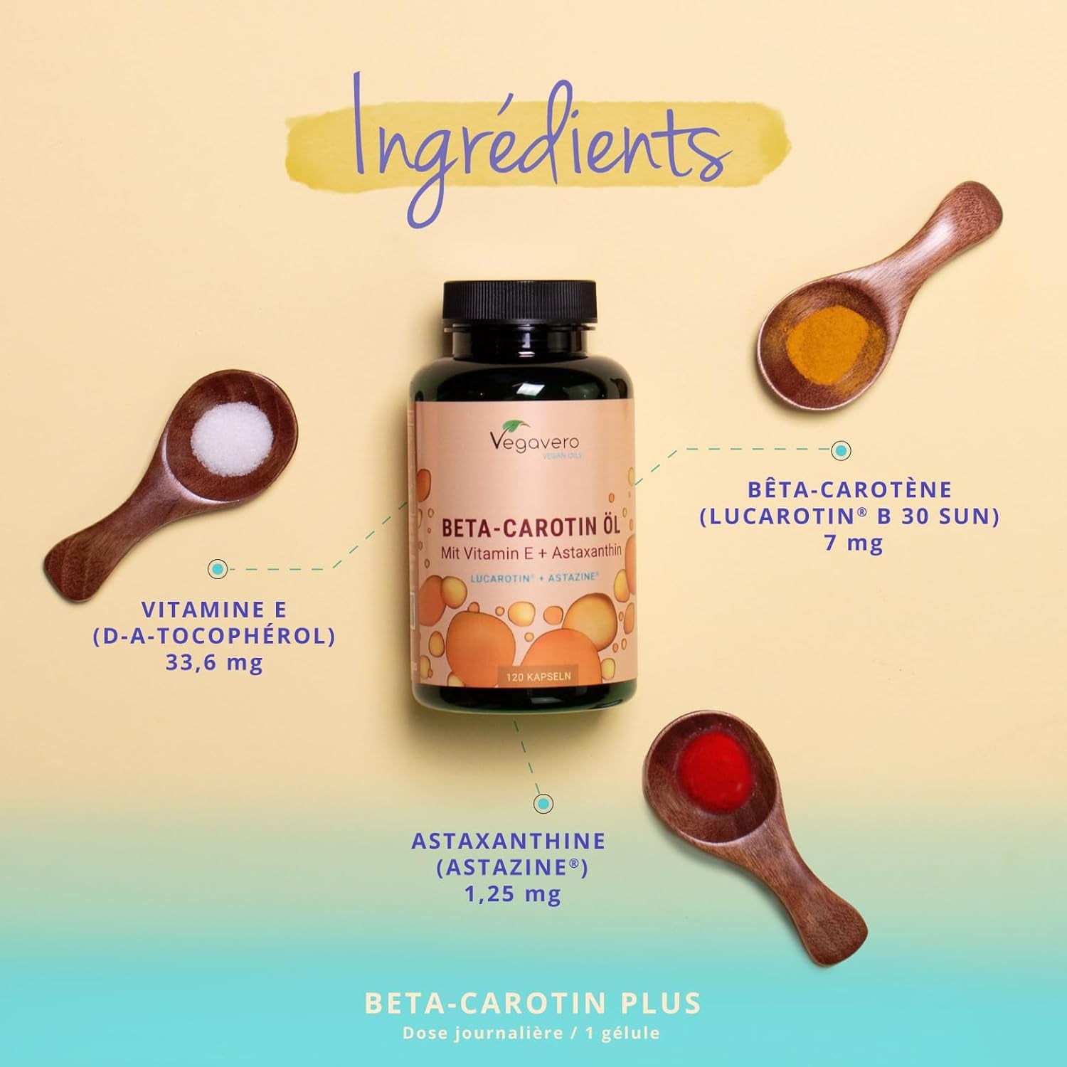 Complexe Bêta Carotène | Avec Vitamine E & Astaxanthine | 120 Gélules (4 Mois) | Qualité Supérieure : Lucarotin® B 30 SUN | Sans Additifs & Vegan | Protection Peau & Bronzage | ®