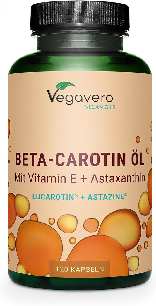 Complexe Bêta Carotène | Avec Vitamine E & Astaxanthine | 120 Gélules (4 Mois) | Qualité Supérieure : Lucarotin® B 30 SUN | Sans Additifs & Vegan | Protection Peau & Bronzage | ®
