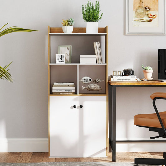 Bibliothèque Avec Armoire À Double Porte Etagère Haute À 3 Niveaux Cubes Ouverts Vitrine Moderne Organisateur De Rangement 60X30X140Cm