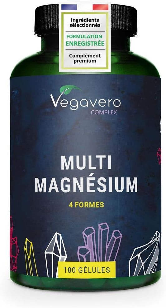 Complexe De Magnesium 375 Mg | 180 Gélules | 4 FORMES - Bisglycinate, Malate, Citrate Et Taurate | Avec Vitamine B2 & B6 | Absorption Supérieure | Sans Additifs & Vegan | ®