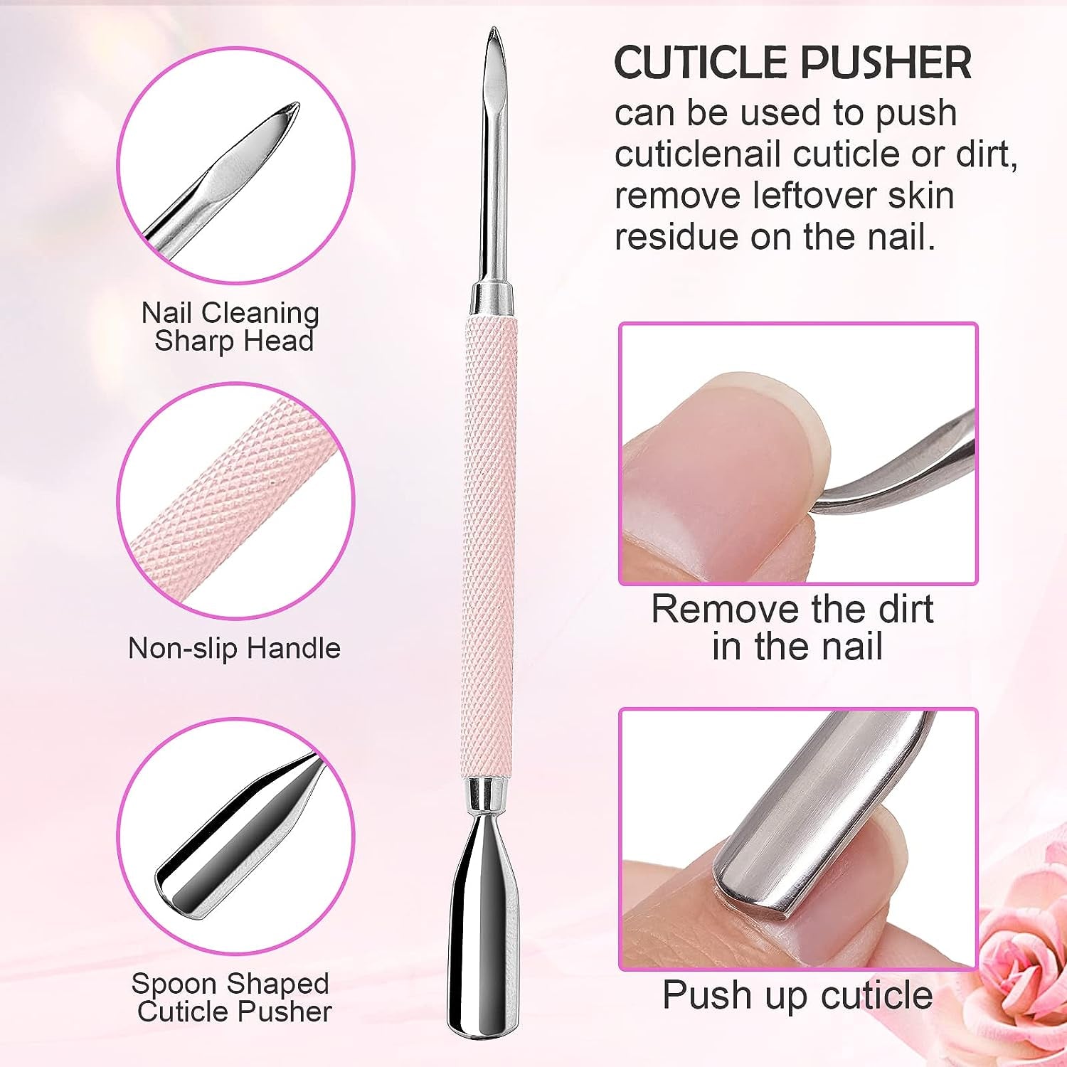 Coupe Cuticule Ongle Avec Poussoir, 3 Pinces Roses Pour Cuticules À Ongles, Pédicure, Pince À Cuticules En Acier Inoxydable, Poussoir À Cuticules À Double Extrémité, Grattoir À Ongles