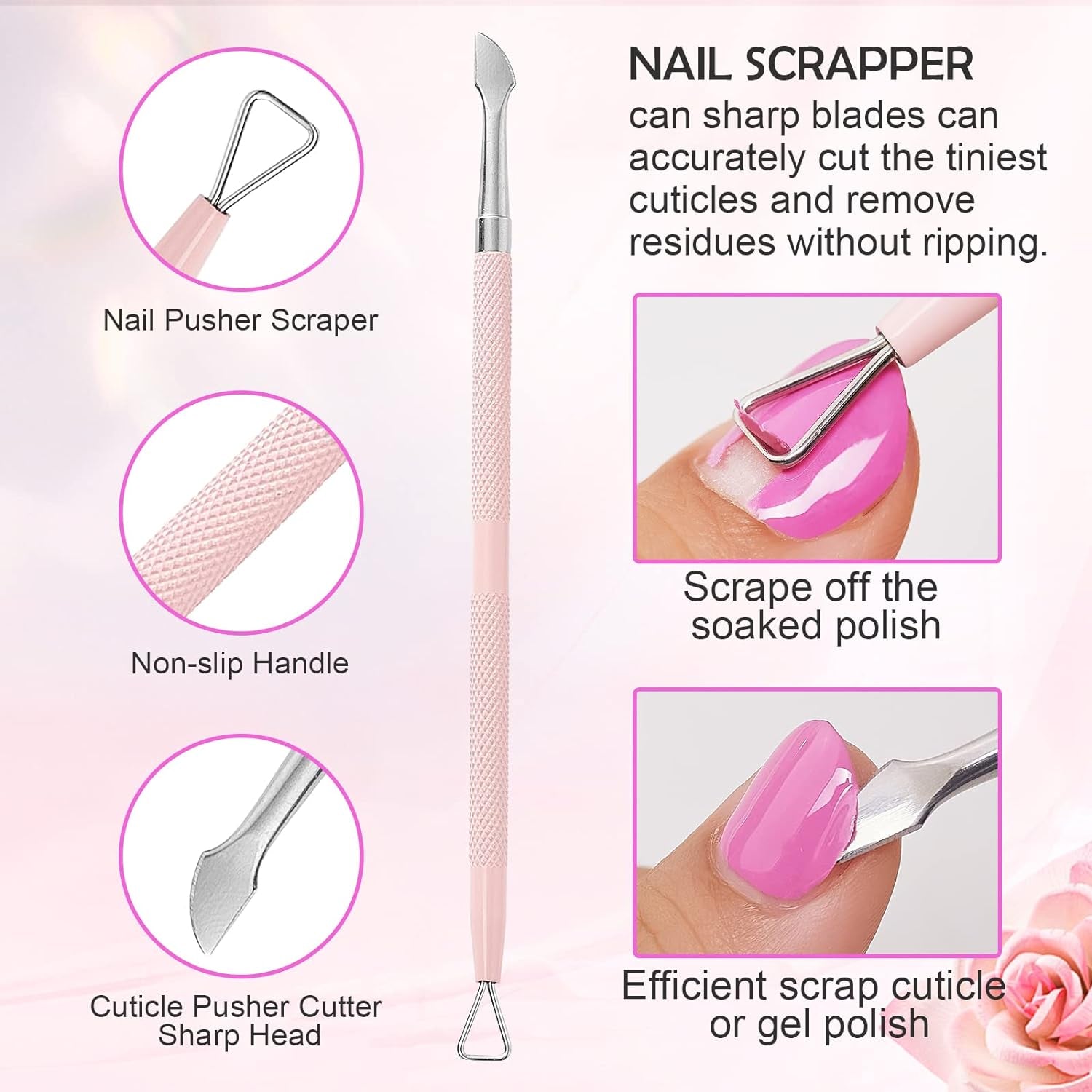 Coupe Cuticule Ongle Avec Poussoir, 3 Pinces Roses Pour Cuticules À Ongles, Pédicure, Pince À Cuticules En Acier Inoxydable, Poussoir À Cuticules À Double Extrémité, Grattoir À Ongles