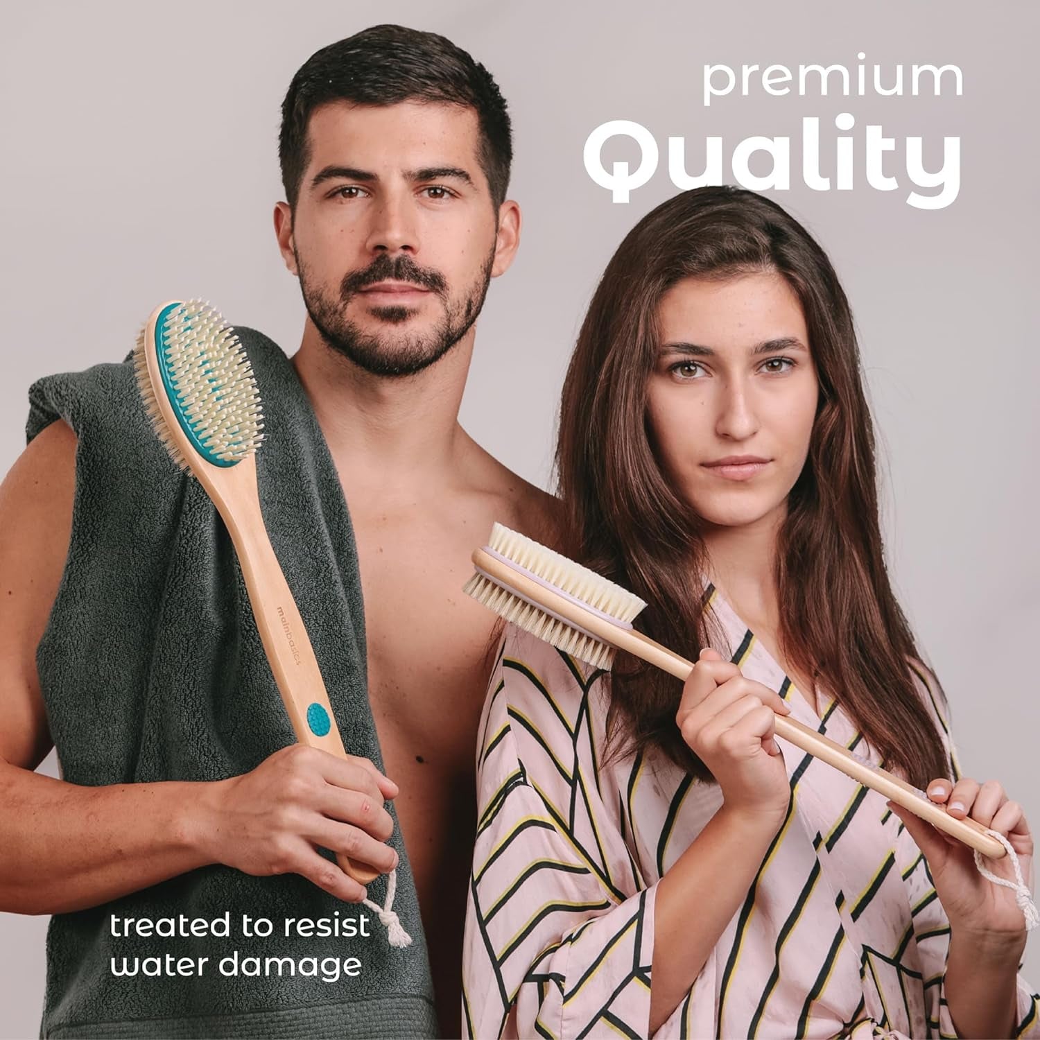 Mainbasics Brosse À Récurer Pour Le Dos Pour La Douche – Brosse Double Face À Long Manche Pour Gel Douche Et Gommage Avec Poils Exfoliants Et Doux (Bleu Sarcelle, Bois)