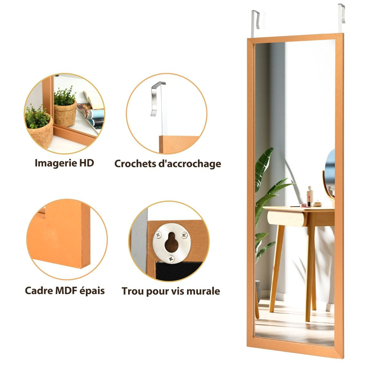 Miroir Mural Suspendu Miroir De Porte 120 X 37 CM Avec Crochets De Suspension Pour Chambre Salon Vestiaire Noir/Blanc/Or