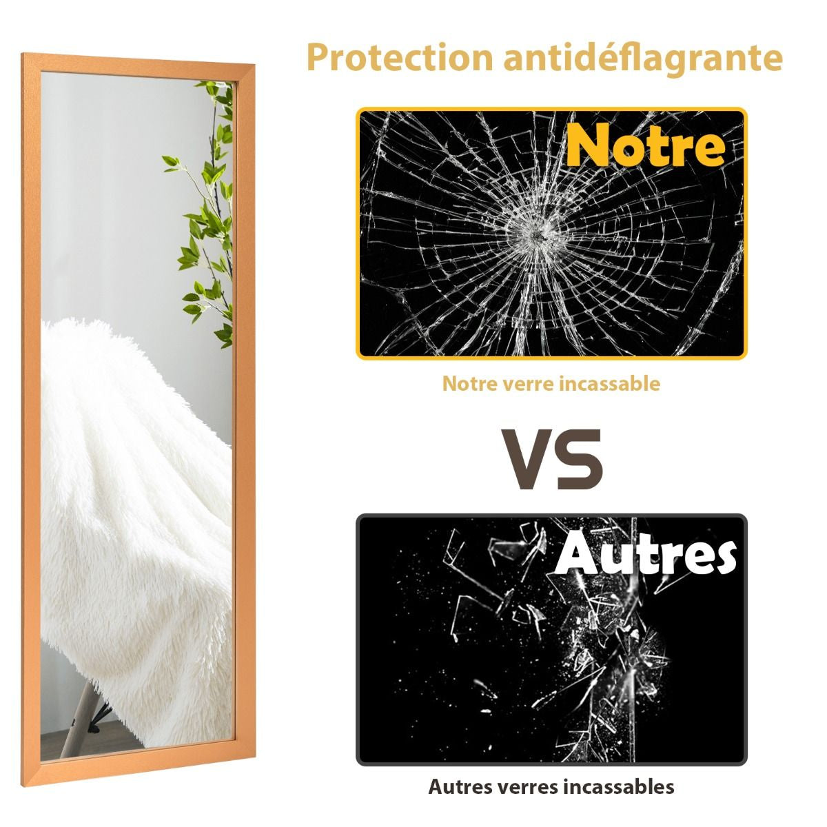 Miroir Mural Suspendu Miroir De Porte 120 X 37 CM Avec Crochets De Suspension Pour Chambre Salon Vestiaire Noir/Blanc/Or