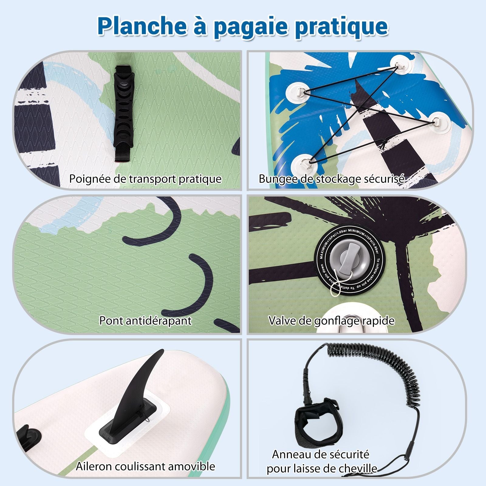Paddle Gonflable 320X76X15Cm/335X76X15Cm En PVC Avec Pagaie Alliage Aluminium Réglable Aileron Amovible Pompe Manuel 130KG MAX Vert