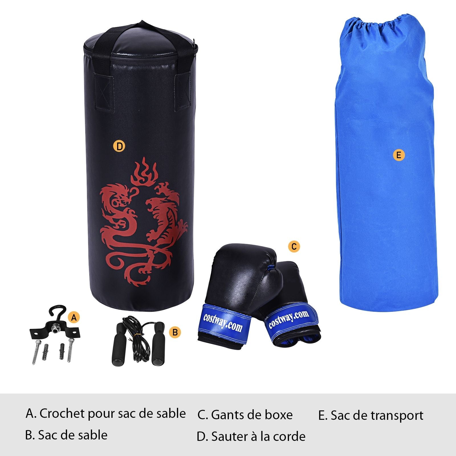 Sac De Boxe Sac De Frappe Kickboxing Pour Enfant Avec 2 Gants Corde À Sauter Chaîne Suspension