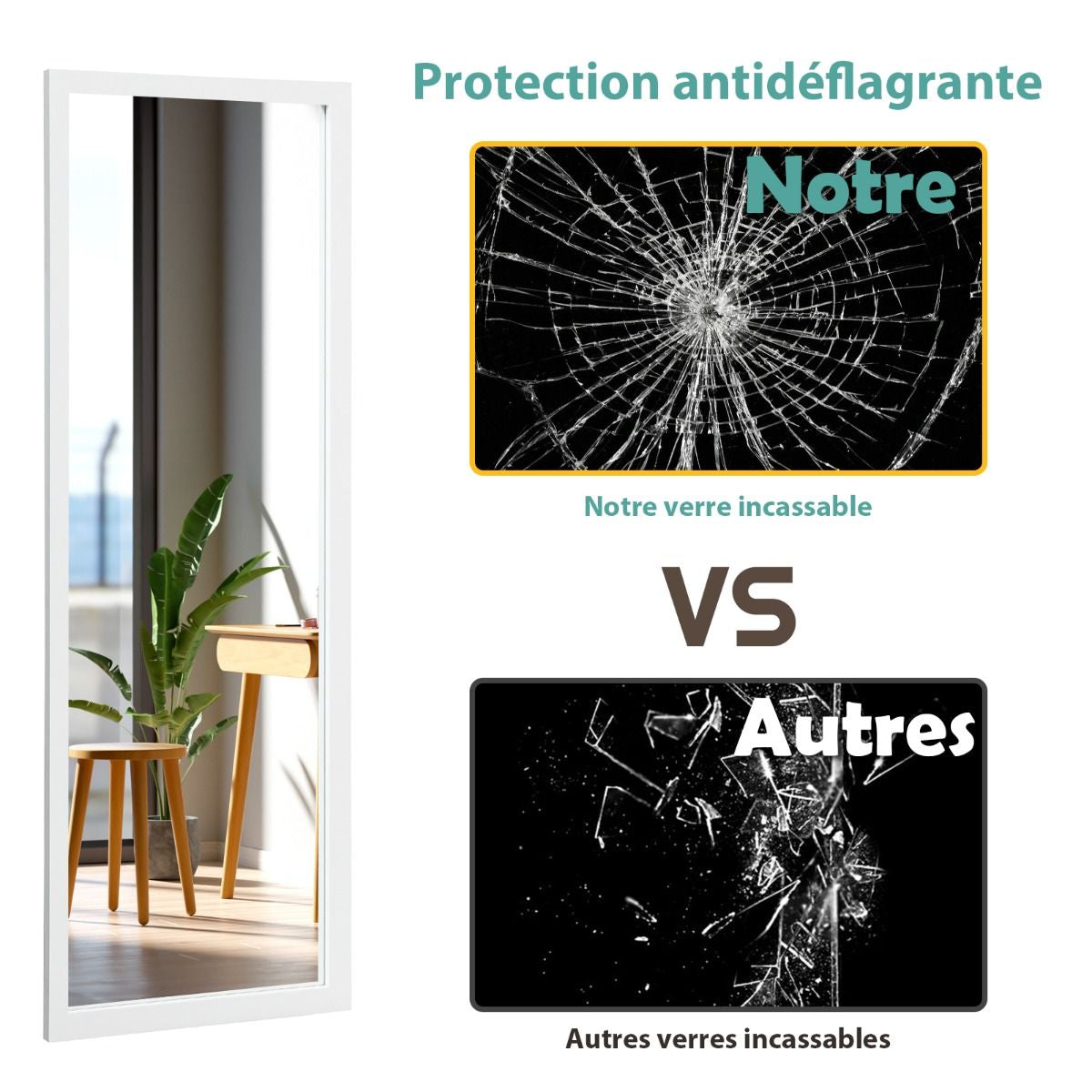 Miroir Mural Suspendu Miroir De Porte 120 X 37 CM Avec Crochets De Suspension Pour Chambre Salon Vestiaire Noir/Blanc/Or